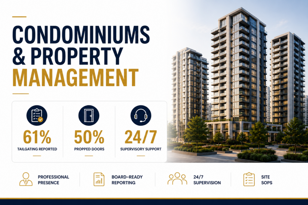 Condominium and property management security infographic showing tailgating risks, propped doors, and 24/7 supervision benefits