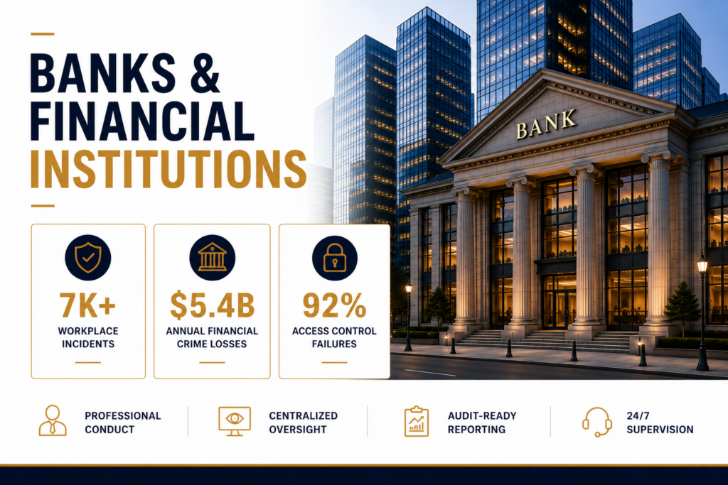 Banks and financial institutions security infographic showing workplace incidents, financial crime losses, and access control failures