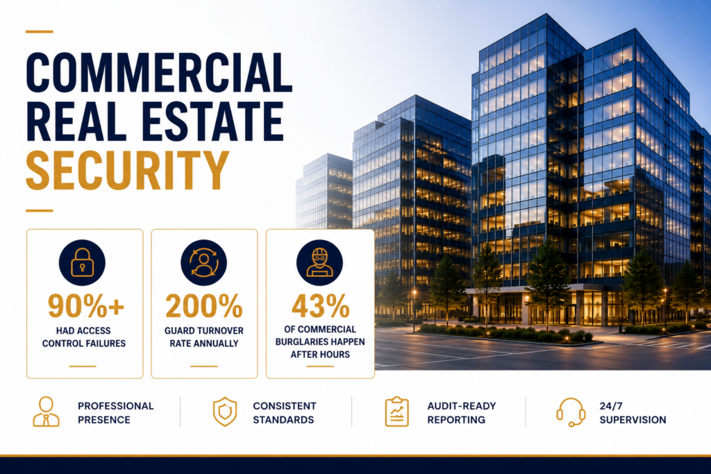 Commercial real estate security infographic showing 24/7 supervision, access control risks, and security market growth