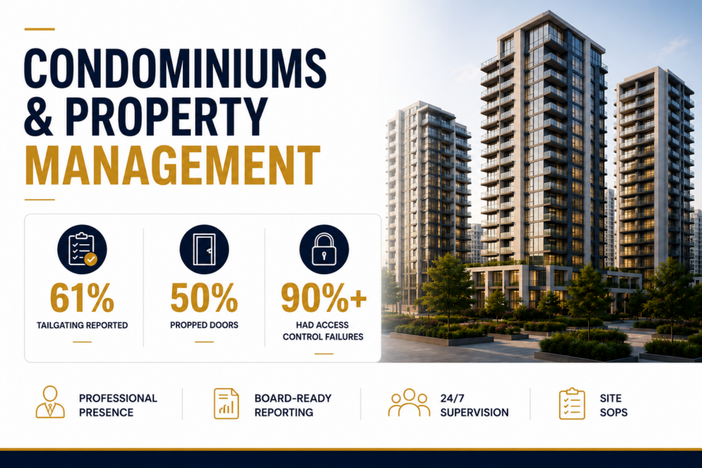 Condominium and property management security infographic showing tailgating risks, propped doors, and 90% had access control failures