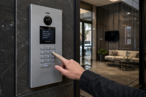 Modern intercom system at a condominium entrance used for secure visitor access and resident communication