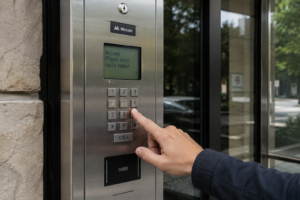 Telephone entry system at a condominium entrance used for secure visitor access and resident communication