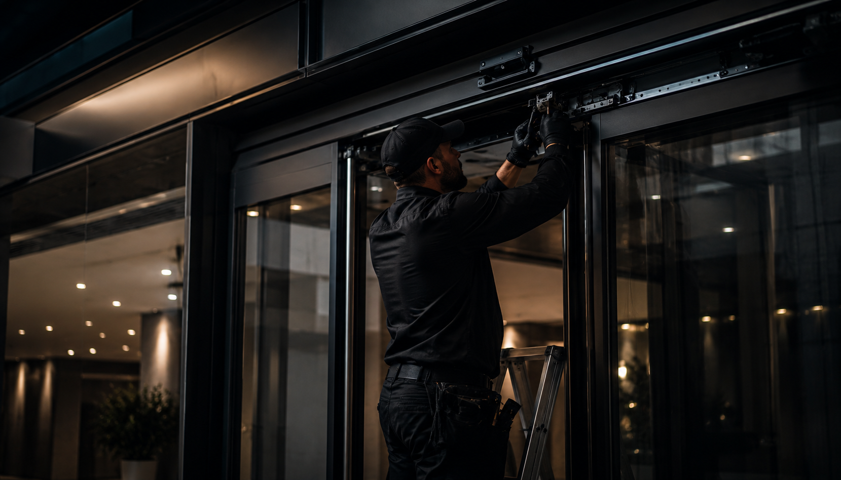 Technician servicing an automatic sliding door in a modern commercial building lobby