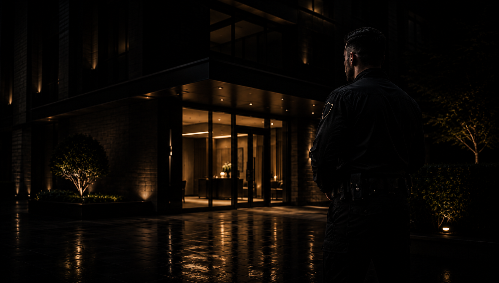 Professional security guard standing outside a luxury residential condominium building at night