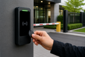 Access control system with key fob entry at a secured building entrance
