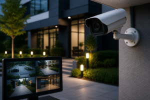 CCTV security camera monitoring a residential building entrance and parking area