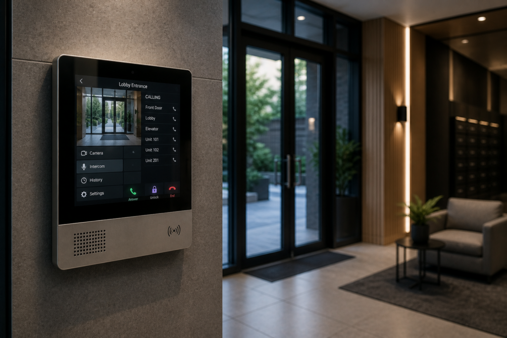 Video intercom system installed in a residential building lobby for secure communication