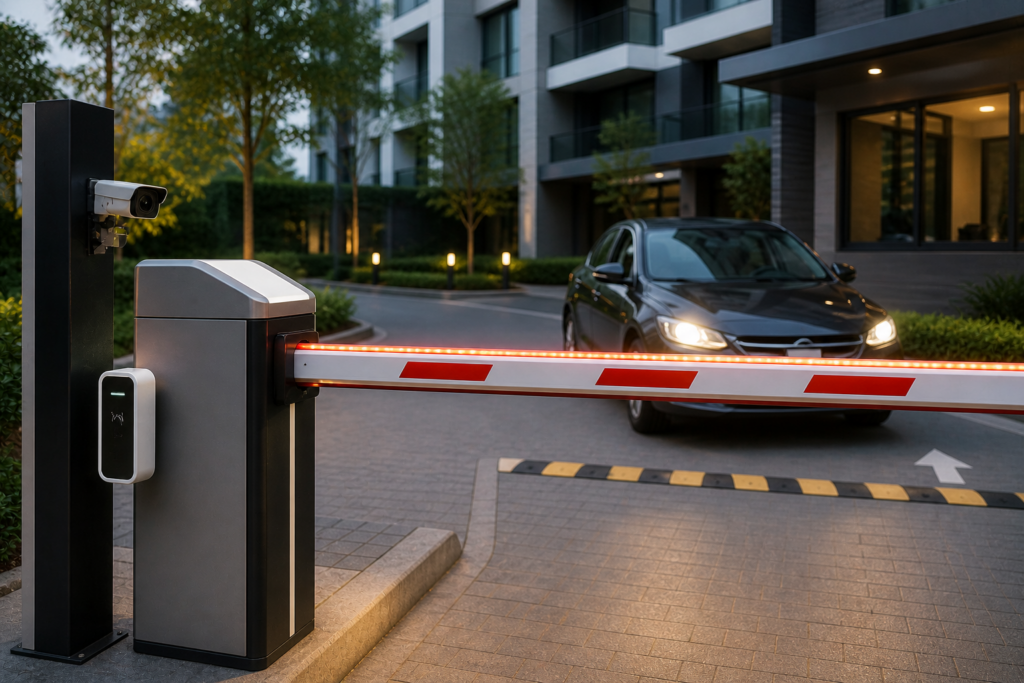 Automated barrier gate controlling vehicle access at a residential building entrance