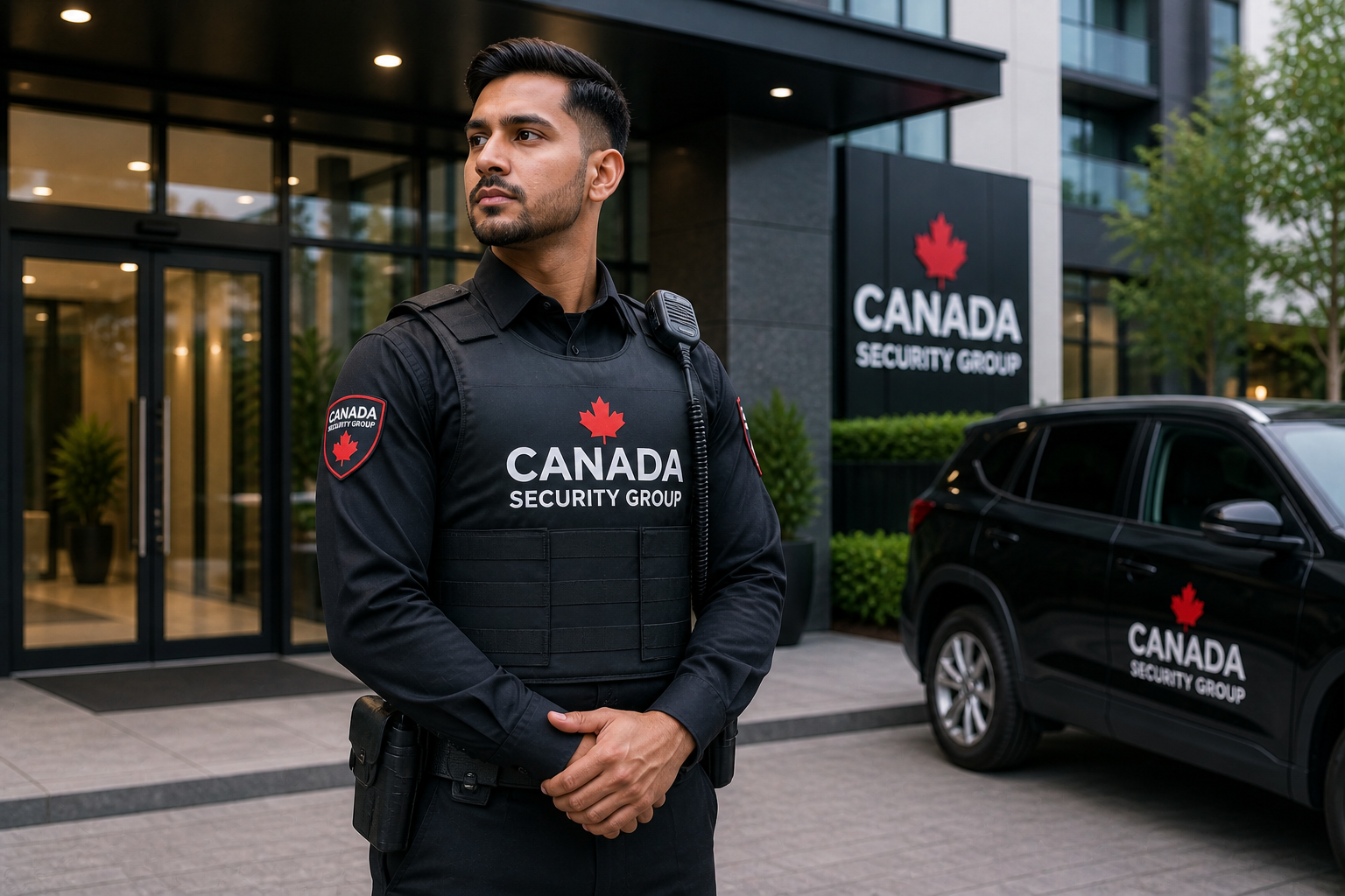 Uniformed security guard standing at the entrance of a commercial building