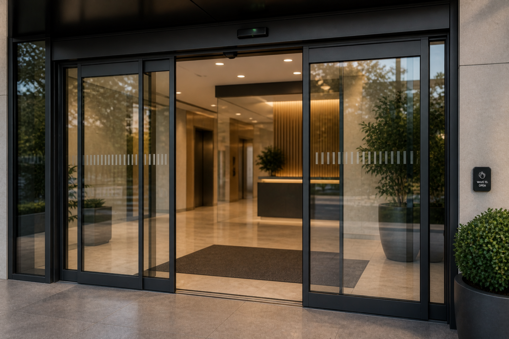 Automatic sliding glass doors at a modern building entrance