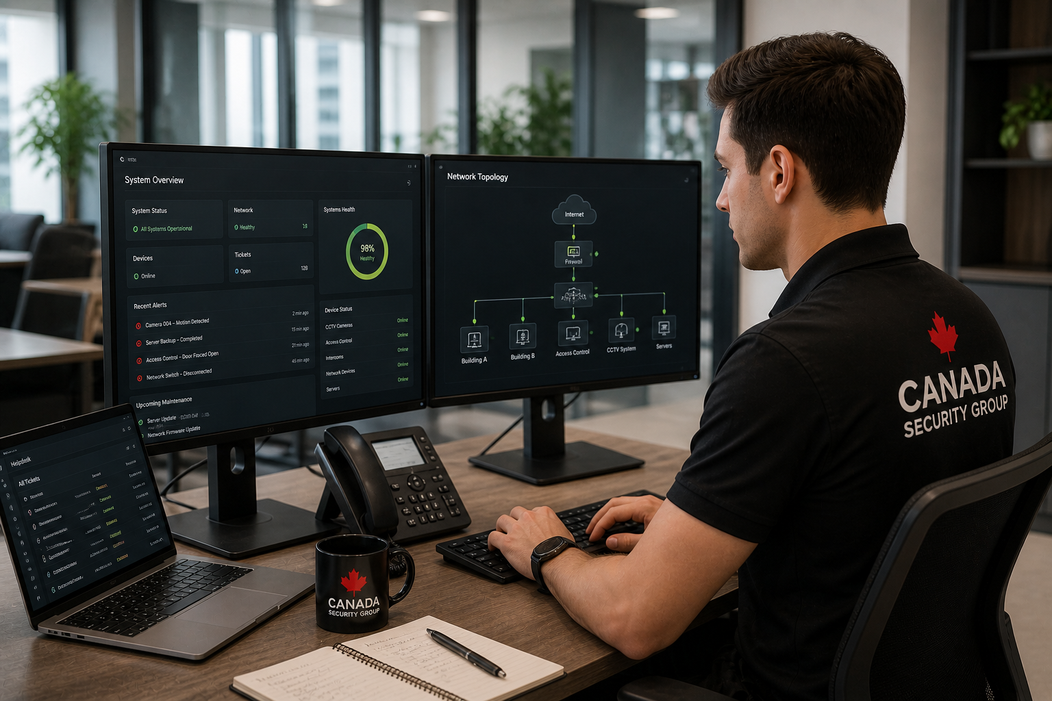 IT specialist monitoring security systems and network infrastructure in an office environment