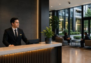 Concierge and residential security service in a modern building lobby with front desk and controlled access