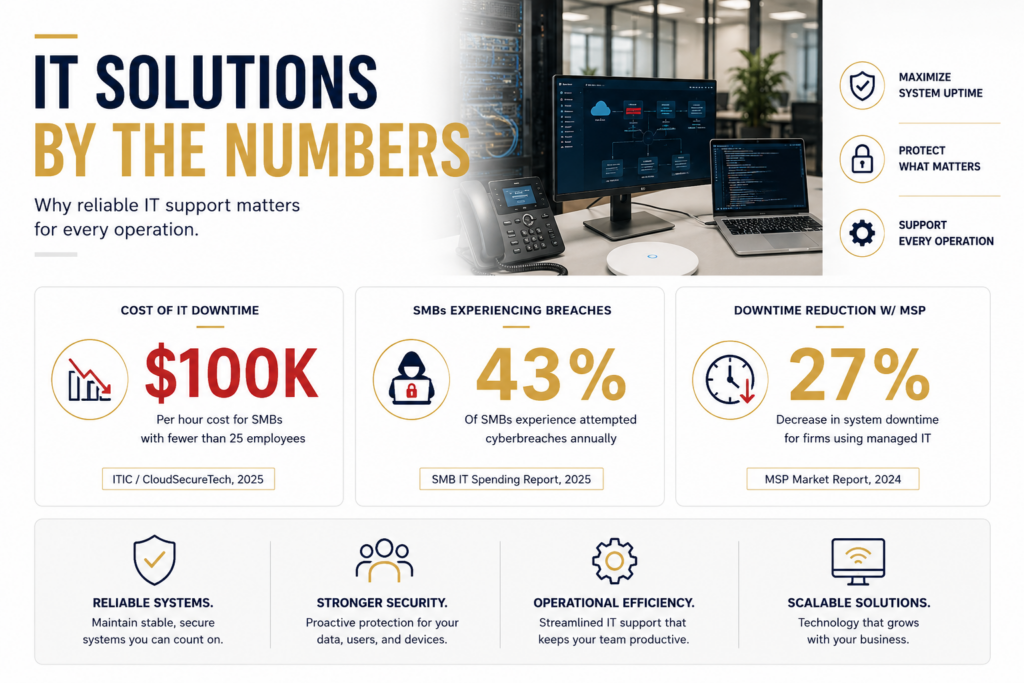 IT solutions infographic showing network security, system uptime, and infrastructure support for modern buildings