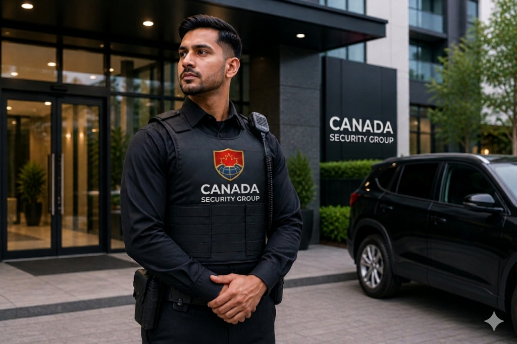 Uniformed security guard standing at the entrance of a commercial building