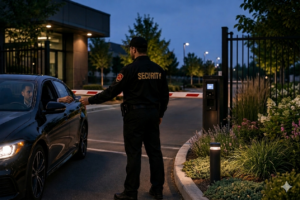 Security guard managing vehicle access at gated entrance with barrier gate and perimeter control system