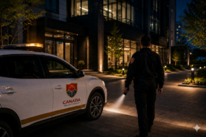 Mobile patrol security officer inspecting residential building at night with patrol vehicle for after-hours coverage