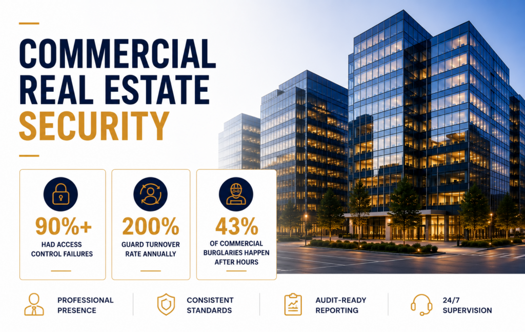 Commercial real estate security program Ontario — access control failures, after-hours burglary risk, and guard turnover statistics