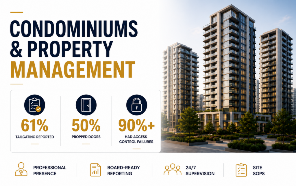 Condominium and property management security infographic showing tailgating risks, propped doors, and 90% had access control failures