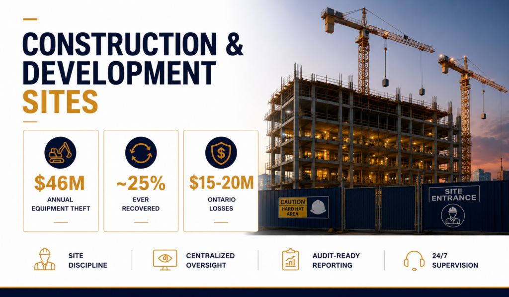 Construction site security infographic showing equipment theft, recovery rates, and Ontario loss statistics