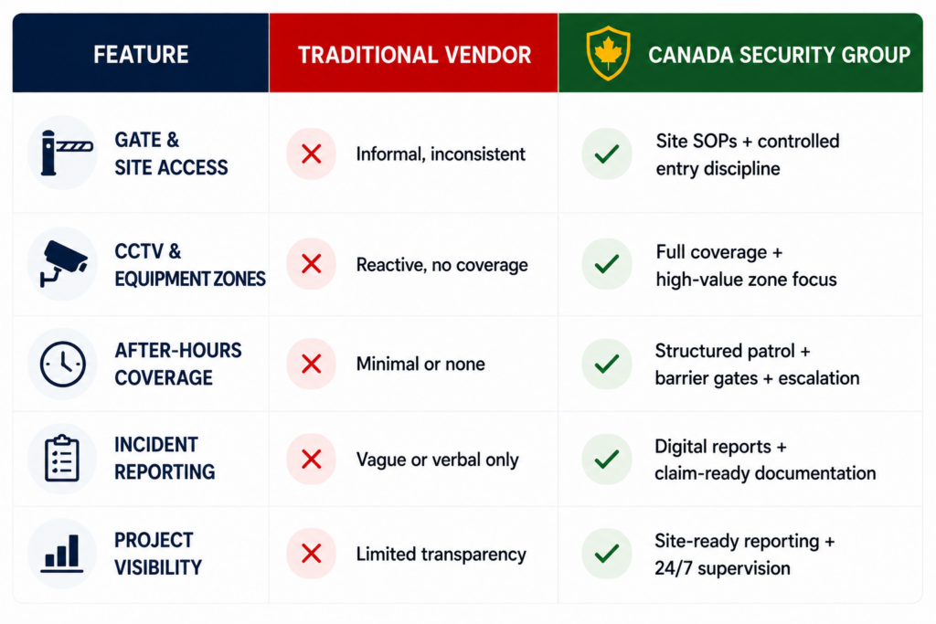 Construction security comparison table showing differences between traditional vendors and Canada Security Group integrated security programs