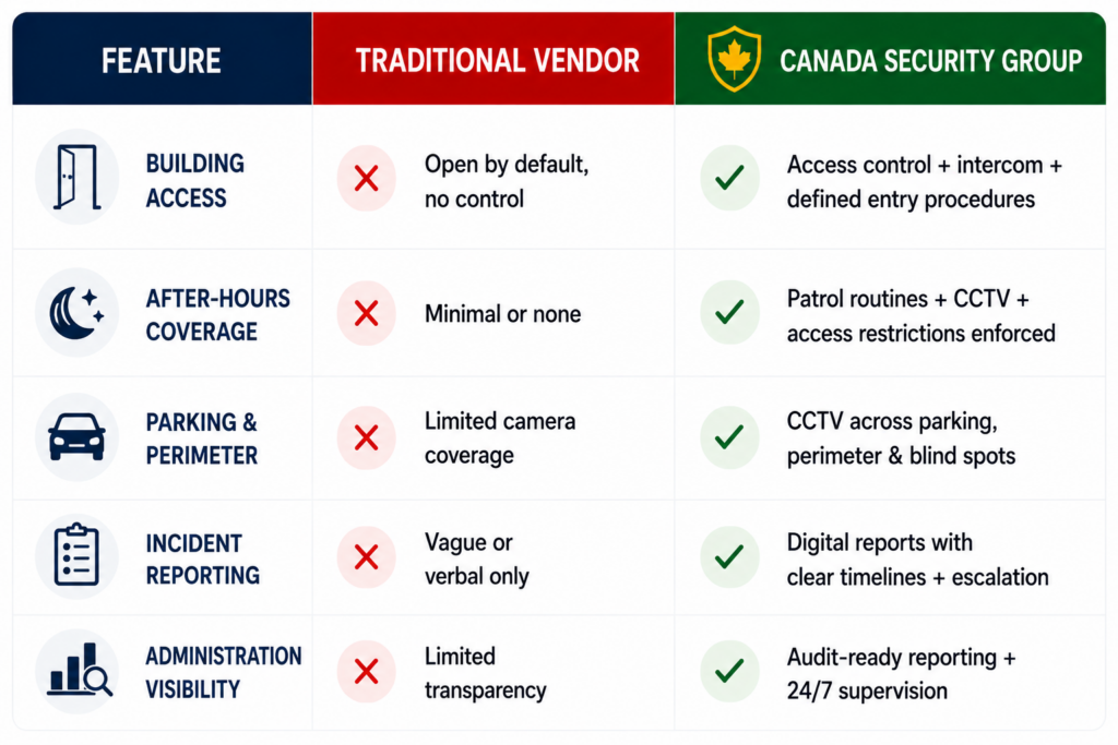 Educational institution security comparison table showing differences between traditional vendors and Canada Security Group integrated school and campus security programs