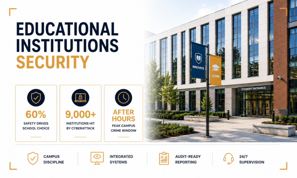 Educational institutions security infographic showing campus safety priorities, cyberattack risks, and after-hours crime patterns