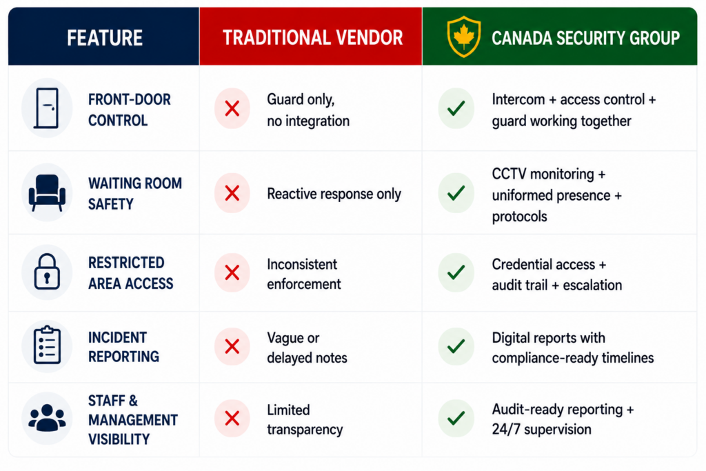 Healthcare and clinic security comparison table showing differences between traditional vendors and Canada Security Group integrated healthcare security programs