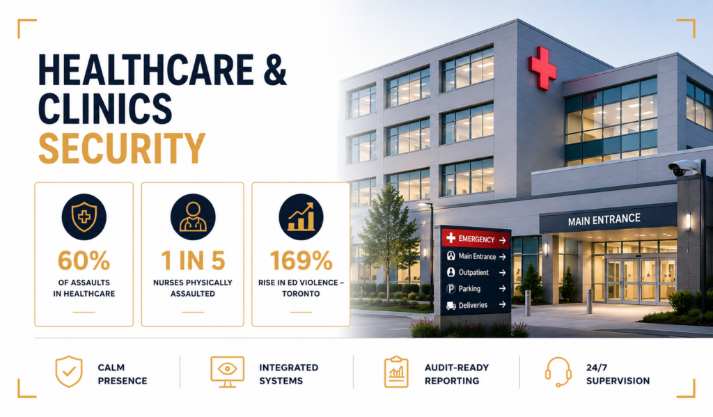 Healthcare and clinics security infographic showing assault rates, nurse safety risks, and emergency department violence statistics
