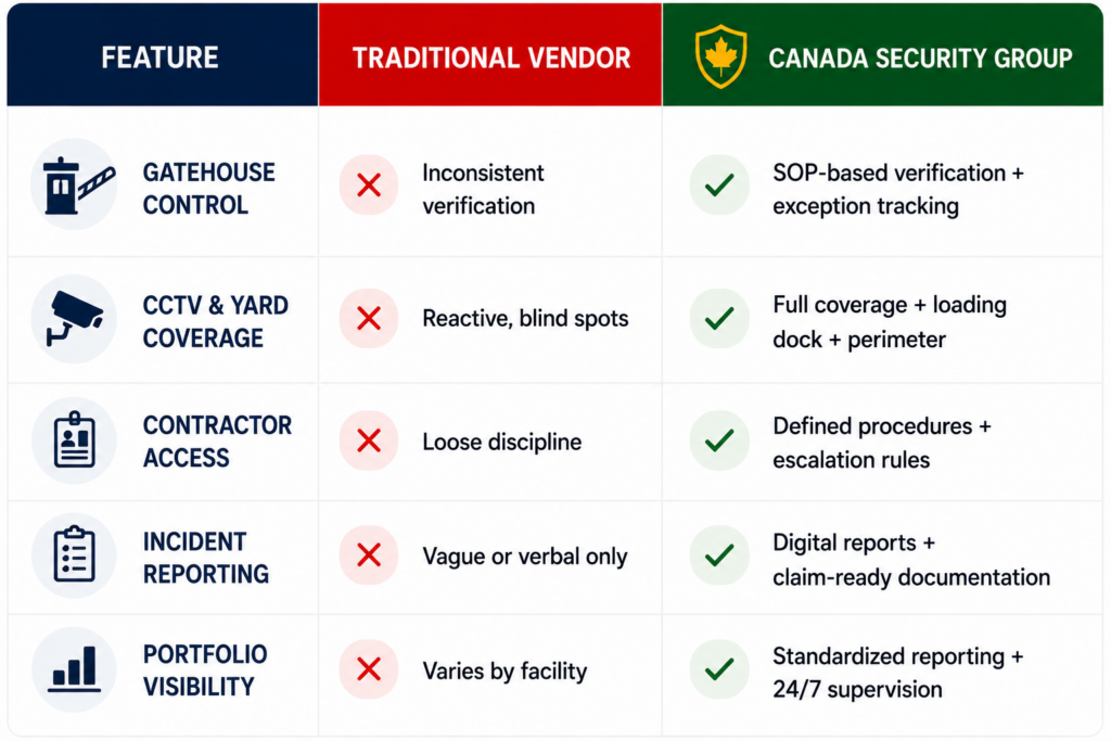 Industrial and warehousing security comparison table showing differences between traditional vendors and Canada Security Group integrated security programs