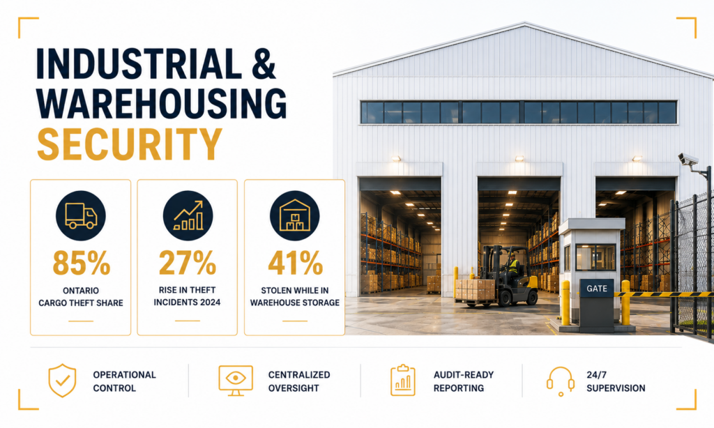 Industrial and warehousing security infographic showing cargo theft statistics, rising incidents, and warehouse storage risks