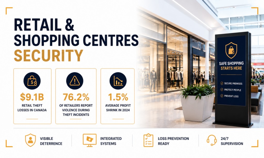 Retail and shopping centre security infographic showing retail theft losses, violence-related incidents, profit shrink statistics, and integrated security solutions