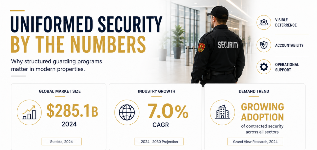 Uniformed security services infographic showing market growth, industry demand, and benefits of professional guarding programs