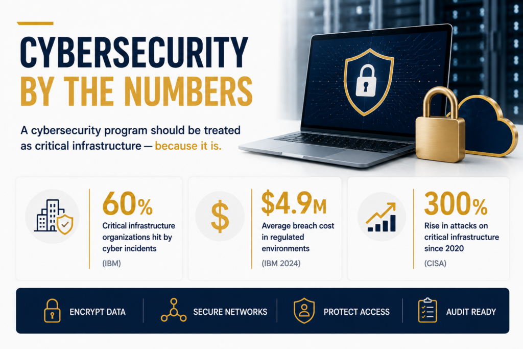 Cybersecurity infographic highlighting cyber incident statistics, breach costs, and critical infrastructure security risks