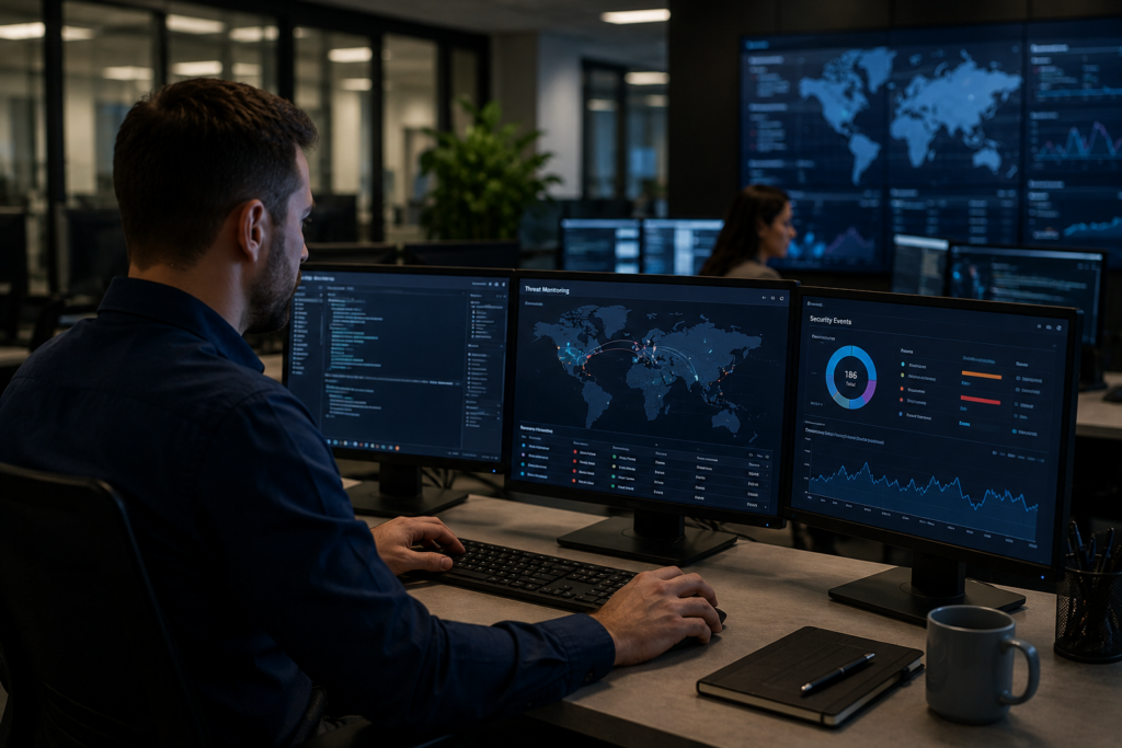 Cybersecurity operations environment featuring secure network infrastructure, data protection systems, and enterprise security monitoring