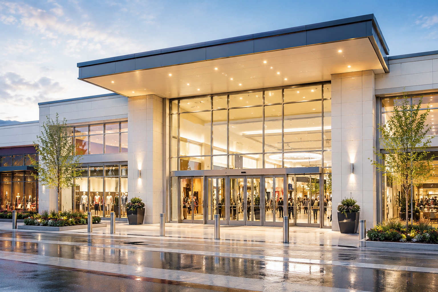 Modern shopping centre entrance with luxury retail storefronts and integrated security environment