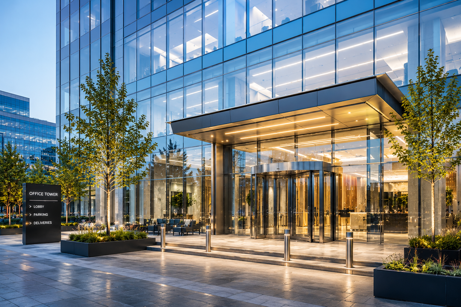 Modern glass office tower at night representing commercial real estate security and property management services