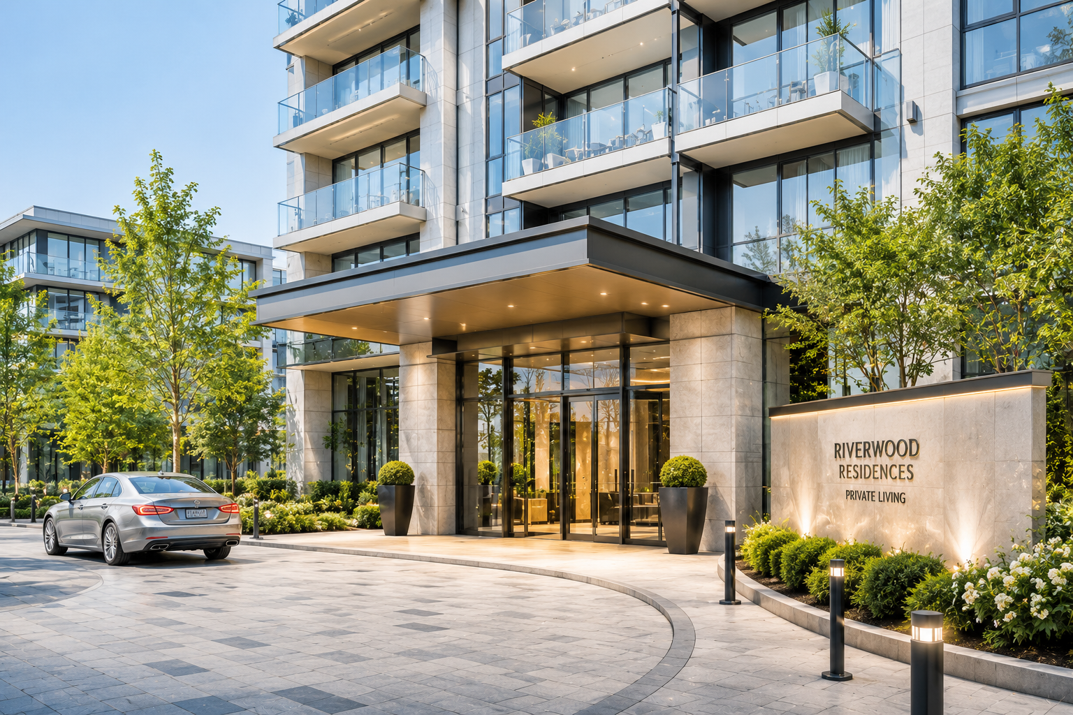 Luxury condominium building entrance at night with premium architecture and professional property security environment