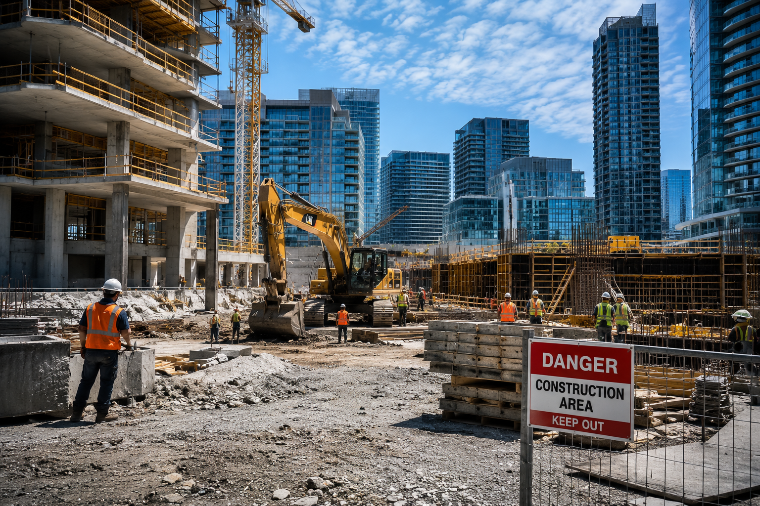 Active commercial construction site with heavy equipment, workers, cranes, and ongoing development activity