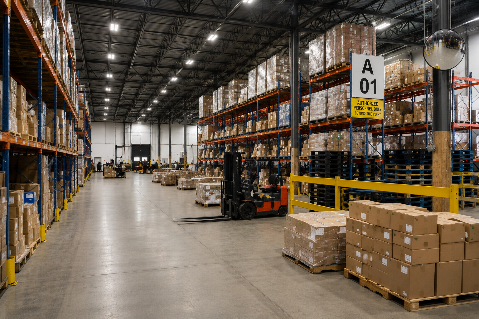 Large industrial warehouse with pallet racking, inventory storage, forklifts, and logistics operations