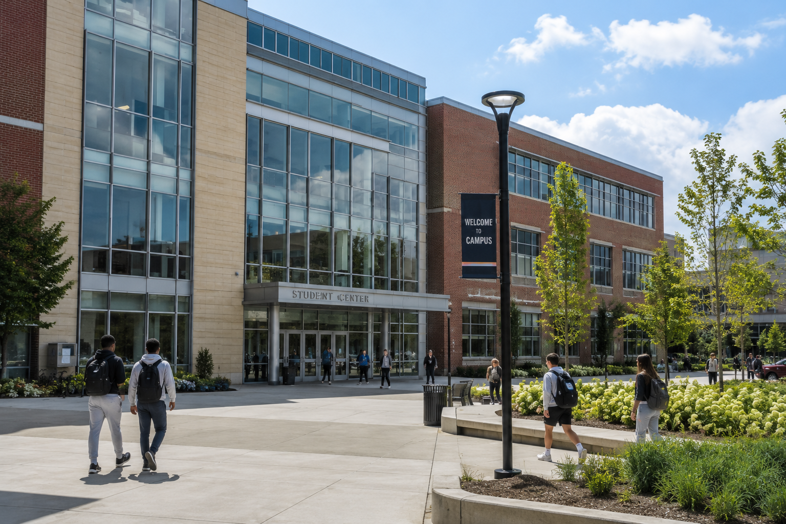Modern college campus building with student gathering areas, academic facilities, and secure educational environment