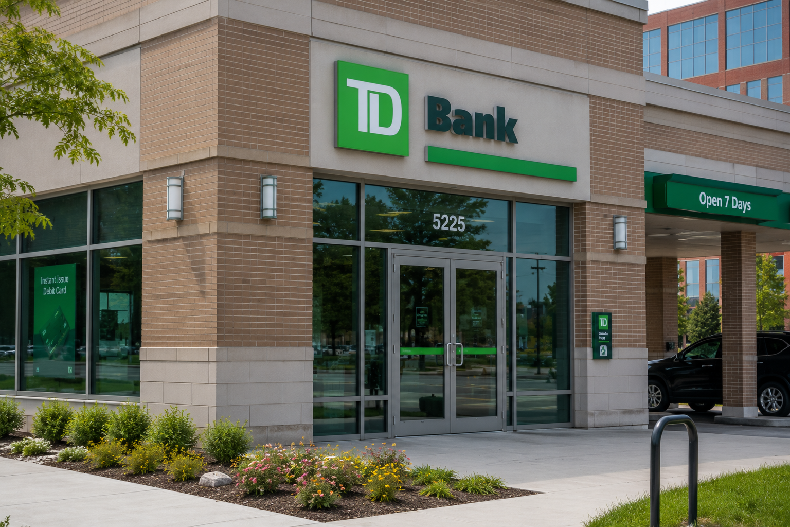 Modern bank branch exterior with secure customer entrance and financial institution security environment