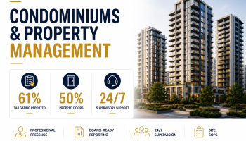 Condominium and property management security infographic showing tailgating risks, propped doors, and 24/7 supervision benefits