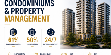 Condominium and property management security infographic showing tailgating risks, propped doors, and 24/7 supervision benefits